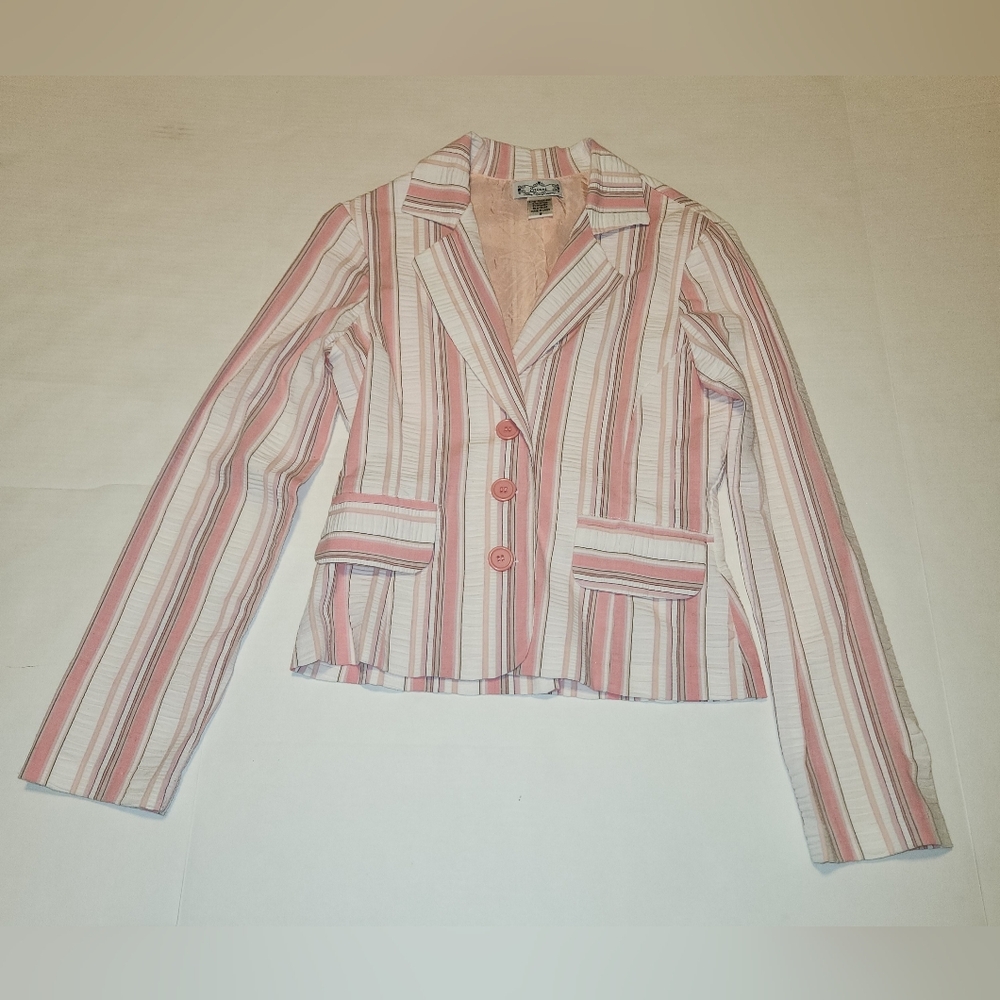 VTG Y2K Trixxi Pink White Striped Seersucker Cotton Blazer Jacket Small S EUC